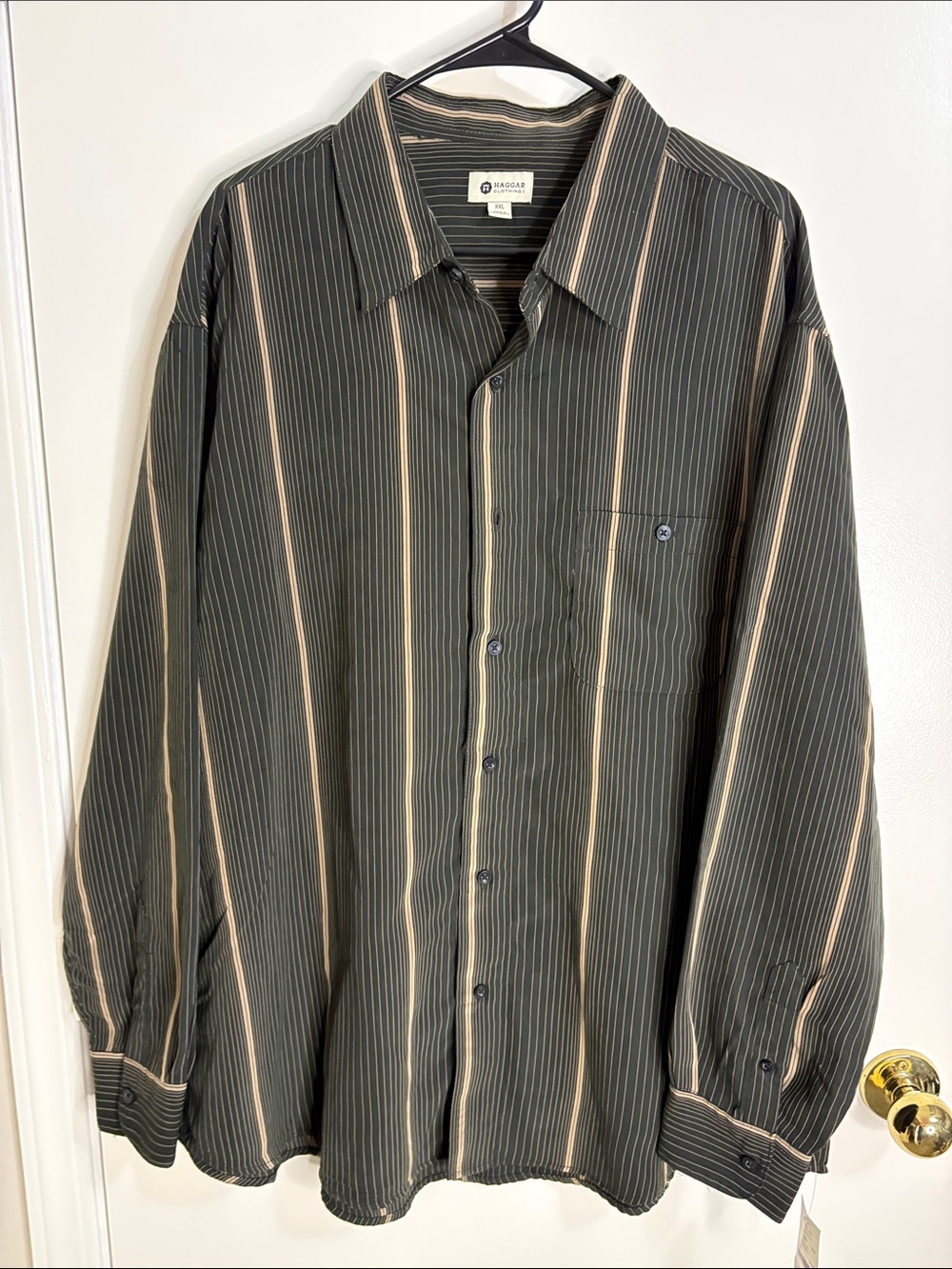 Haggar Black Shirt with Tan Vertical Stripes